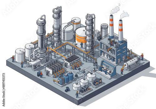 Industrial plant with towers, tanks, and pipelines in a isometric view, a complex manufacturing facility