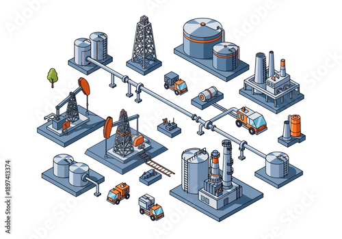 Industrial oil and gas extraction, refining, and distribution isometric illustration
