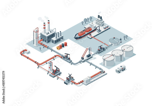 Industrial complex with oil and gas processing and storage facilities, port with tanker, and transportation infrastructure