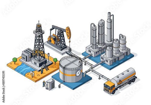 Industrial oil extraction and refining complex with oil pump, storage tank, and transport truck