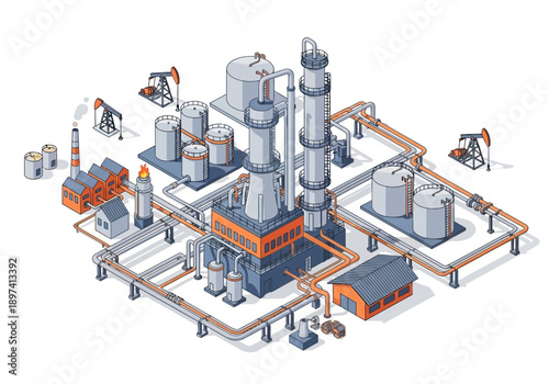 Industrial Oil Refinery and Extraction Plant with Pumps and Storage Tanks