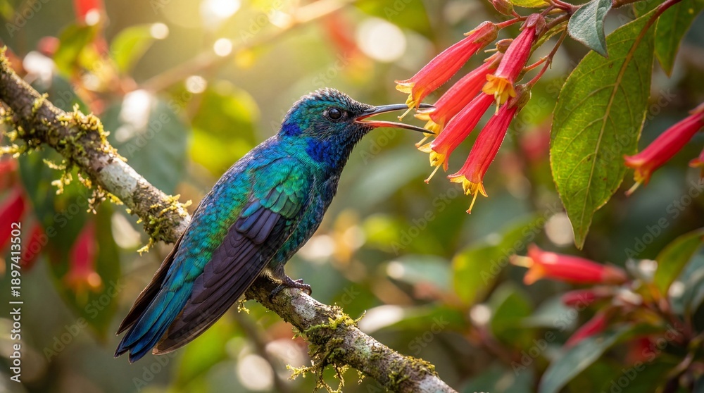 Naklejka premium Iridescent Hummingbird Perched on Mossy Branch Nectaring from Vibrant Red Trumpet Flowers Symbolizing Tropical Biodiversity, Wildlife Conservation, Ecology