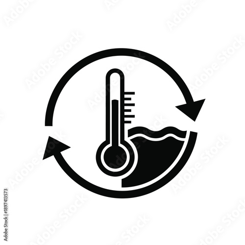 Circular arrows surrounding thermometer immersed in water indicating temperature change and thermal processes for scientific or industrial applications