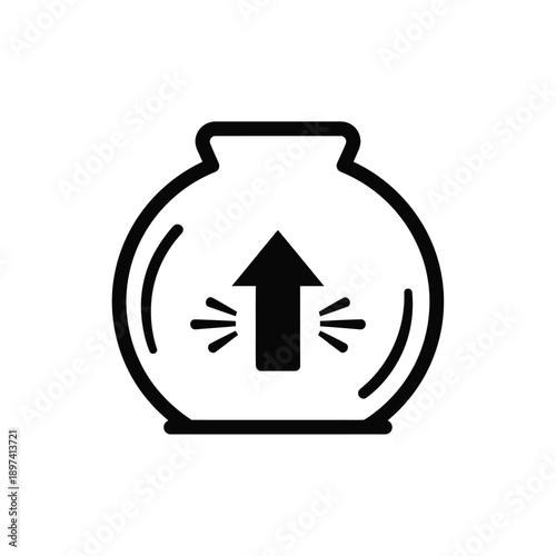 Air pump for aquarium solid icon depicting an upward arrow within a fishbowl with small radiating lines representing air flow or water movement on a white background vector