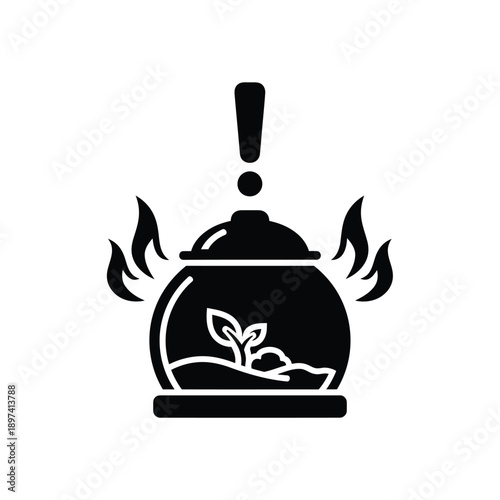 Illustration of terrarium with plant inside on fire with an exclamation mark above signifying danger or a warning about overheating and poor ventilation in closed ecosystem experiments