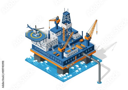 Offshore oil rig with helicopter and crane on water, isometric illustration