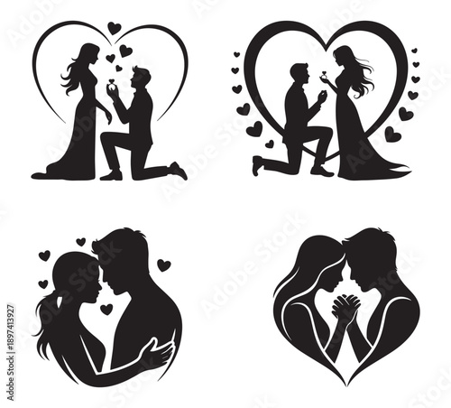 Romantic Couple Love Silhouette Icons Set in Heart Shapes