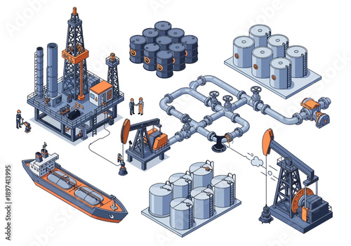 Oil and gas extraction and storage industrial isometric illustration