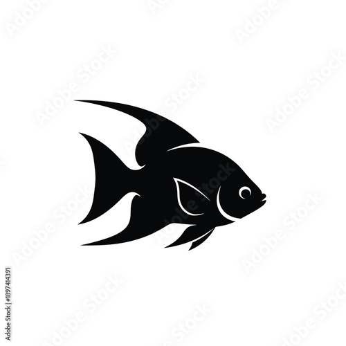 Angelfish silhouette icon, black and white vector illustration of tropical aquarium fish for logo or symbol design representing marine life and aquatic ecosystems in clean minimal style