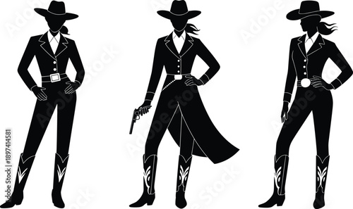 Cowgirl Silhouette Illustration – Bold Western Fashion Depiction of Women in Hats, Boots, and Jackets with Confident Poses and Revolver for Style and Design Use