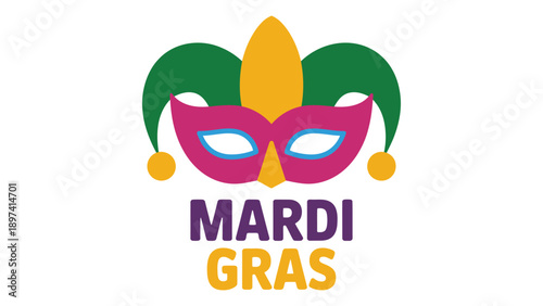mardi gras festive mask illustration with colorful jester hat for carnival celebration party poster logo and event design