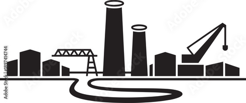 Industrial city silhouette with factory chimneys crane and bridge on transparent background