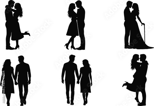 couple, silhouette, love, romance, hugging, kissing, relationship, togetherness, affection, people, lifestyle, romantic, dating, connection, passion, happiness, black, white, illustration, vector
