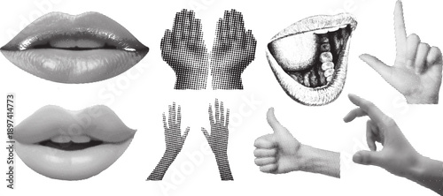 Various halftone illustrations of human lips and hands showing different gestures like thumbs up and pointing isolated on transparent background