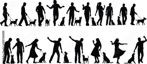 people, silhouette, dog, walking, pets, lifestyle, urban, daily, activity, owners, training, park, movement, relationship, companionship, routine, black, white, illustration, vector