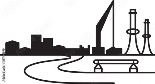 Industrial city skyline with crane water and bench on transparent background vector illustration