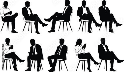 Seated business people silhouettes, men and women sitting on chairs, professional office poses, corporate lifestyle illustration isolated white