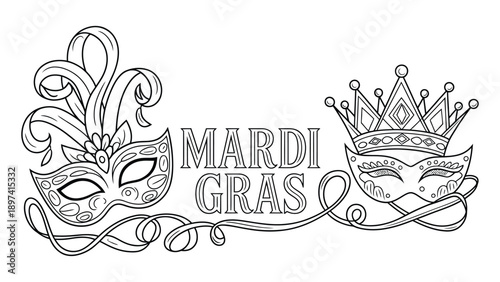 mardi gras decorative line art illustration with carnival masks and crown vintage festival design for celebration poster