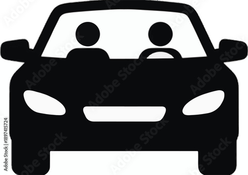 Black Silhouette of a Car with Two Passengers Driving on White Background automobile vehicle