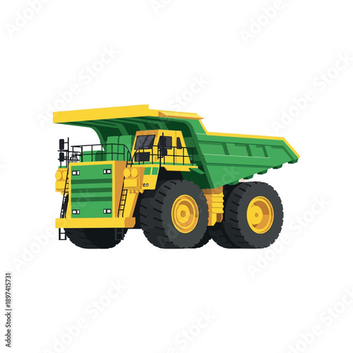 A green and yellow mining dump truck driving on an industrial site outdoors.
