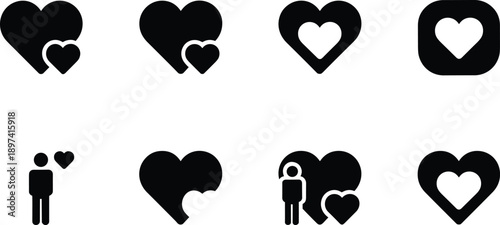 Heart Symbol Icon Set – Black and White Collection Featuring Human Figures and Love Shapes Representing Affection, Care, and Emotional Connection for Graphic Design Use