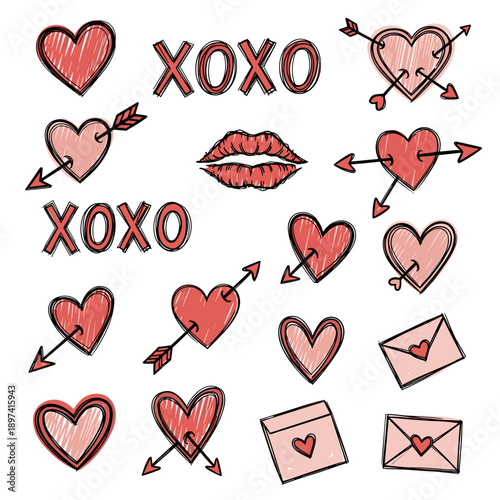 Set of Hand Drawn XOXO Hearts and Lips