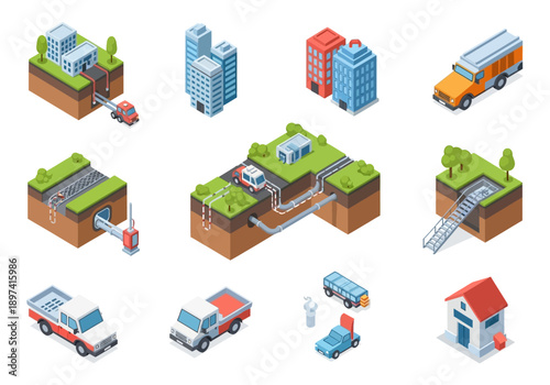 Isometric city elements showing buildings transportation and infrastructure with underground pipelines and tunnels