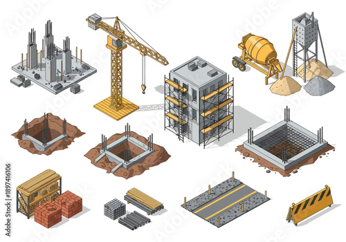 Isometric construction site with buildings, crane, concrete mixer, and materials