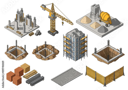 Isometric city constructor set featuring modern architectural buildings, urban infrastructure, and park elements for town planning