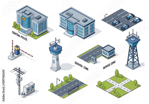 Isometric police station complex and airport control tower with surrounding infrastructure and vehicles