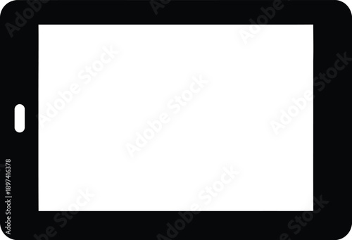 A black silhouette icon of a minimalist tablet computer in landscape mode