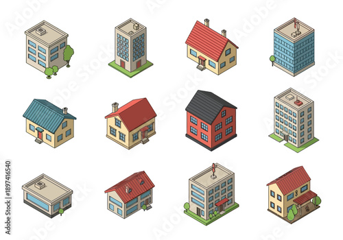 Collection of isometric building illustrations representing various architectural styles and urban structures