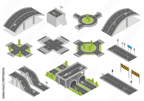 Collection of isometric road and traffic elements for urban planning and infrastructure projects