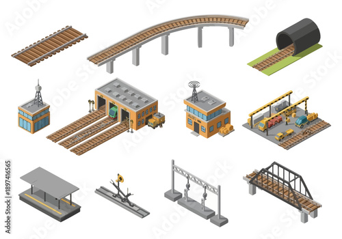 Collection of isometric railway station elements and infrastructure