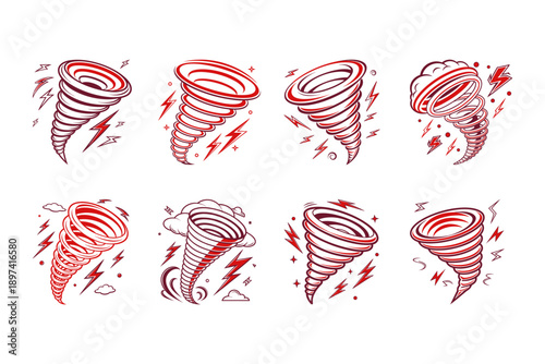 Powerful Blue Tornado Vortex with Lightning Bolts and Swirling Dust Clouds Isolated on White Background Vector