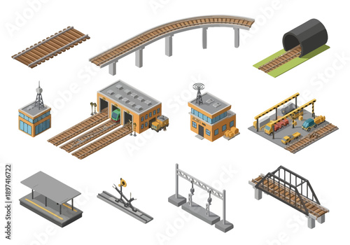 Isometric railway elements including bridges, tunnels, stations, and maintenance depots, with distinct transportation infrastructure