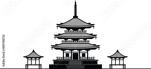 Pagoda Silhouette Illustration – Black and White Depiction of Traditional East Asian Architecture Featuring Multi-Tiered Pagoda and Pavilion Structures Representing Cultural and Religious Heritage
