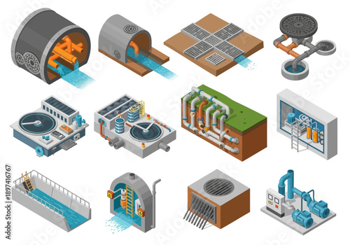 Isometric illustration of sewage treatment plant equipment and processes