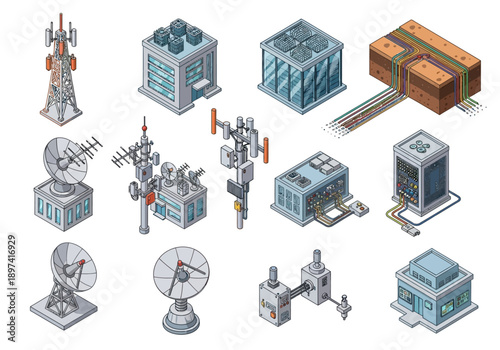 Isometric network infrastructure icons with telecommunication towers and data centers