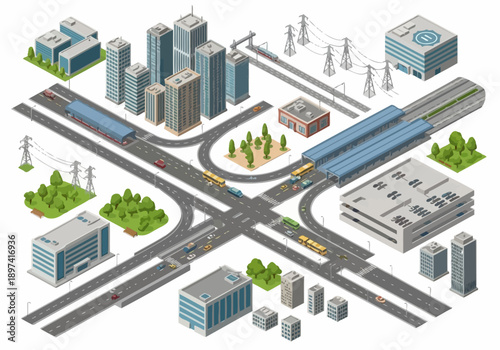 Isometric city elements for urban planning, infrastructure and architectural design concepts