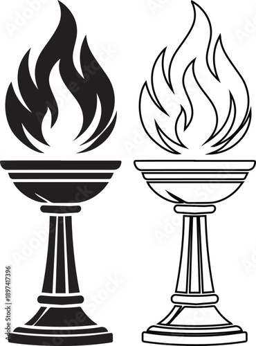 Vector illustration set of burning torch icons featuring solid silhouette and black outline styles, ideal for eternal flame memorials, victory symbols, and logo design elements.