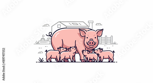 An adorable pink sow and her four small piglets are depicted on a farm with a barn in the background