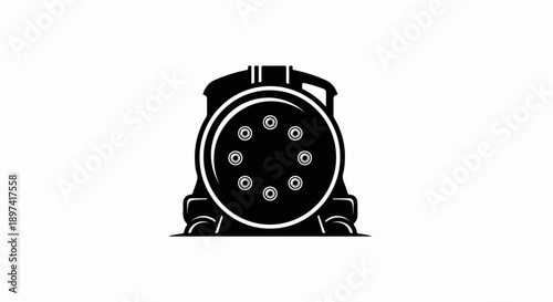 Black and white front view illustration of a classic steam locomotive train engine with a large circular light