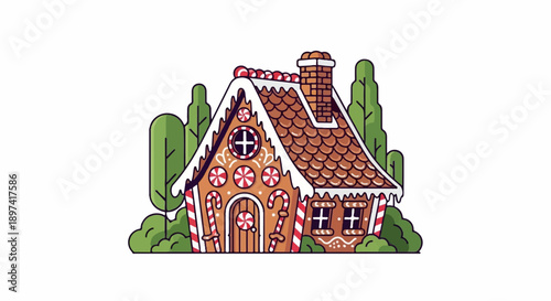 An adorable illustration of a festive gingerbread house adorned with candies and icing, nestled among green trees