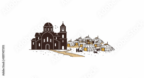 Historical scene dome church and bell tower next to a yurt village with people, animals, and dirt paths