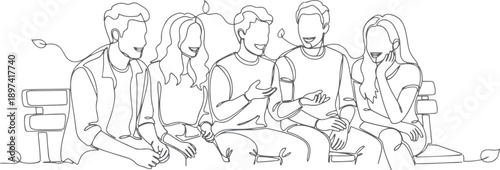 young friends sitting and talking together -line drawing