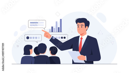 Businessman presenting data and strategy to audience, audience engagement, business meeting