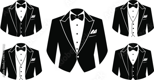 Tuxedo Silhouette Illustration – Black and White Formal Wear Icons in Cross Arrangement Featuring Jackets, Bow Ties, and Pocket Squares Representing Fashion, Wedding, and Event Style