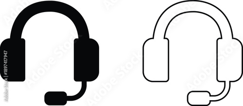 Microphone Audio Equipment Black Flat Line Style Vector Icon Set, Sound Recording Symbol Collection and Music Podcast Outline Graphic Group Featuring Mic, Headset and Earphone