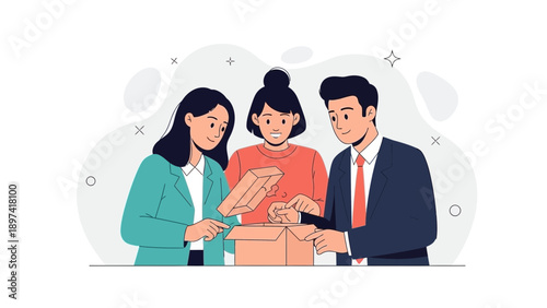 Diverse team unboxing package, collaboration, business success, delivery, teamwork